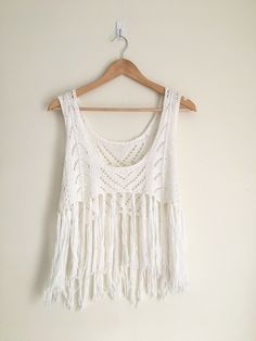 Womens Haute Society Fringe Sleeveless Boho Crop Half Sweater S White Coachella No stains Chest approx 19", Front piece (without fringe) approve 7.5" Half Sweater, Crochet Top, White, Crochet, Women's Top