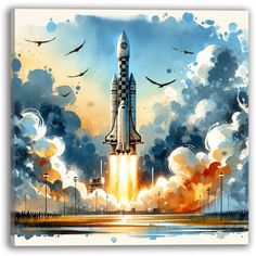 a painting of a space shuttle taking off into the sky with birds flying around it