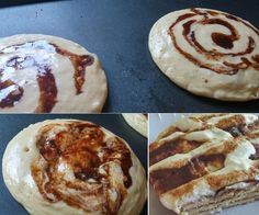 four different views of cinnamon rolls being made