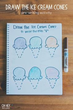 a notebook with ice cream cones drawn on it and the words draw the ice cream cones