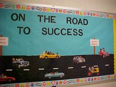 a bulletin board on the road to success with cars and people driving down it,