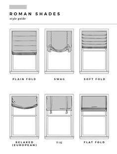 the different types of roman shades for windows and blindes, including one with an open curtain