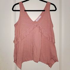 Nwt Tank In Muted Blush Color. Slight Ruffle Detail And Handkerchief Cut. Feminine Blush Tops For Summer, Pink Summer Tank Top For Brunch, Pink Tank Top For Summer Brunch, Pink Tank Top For Brunch, Chic Pink Tank Top For Day Out, Casual Pink Tops For Brunch, Pink Summer Tops For Brunch, Pink V-neck Tank Top Casual, Pink V-neck Tank Top Casual Style