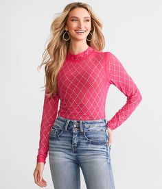 Women's Rhinestone Mesh Top In Pink By Daytrip., Women's Cabaret Sheer mock neck fitted top Bust measures 30 3/4 on size small Body length 24 on size small. 95% Nylon 5% Spandex. Hand wash cold with like colors only. Do not bleach. Lay flat to dry. Reshape. Do not iron.. Measurements: Bust -Fullest part of bust with arms at sides. Waist -Circumference of natural waist: above belly button below rib cage. Hips -Standing with feet together fullest part of hips. WOMEN'S TOP SIZE CONVERSION CHART Siz Fitted Top, Conversion Chart, Waist Circumference, Top For Women, Women Shirts Blouse, Rib Cage, Cabaret, Shirts Blouses, Women's Shirts