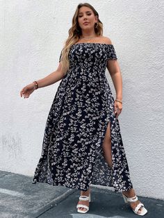 Navy Blue Boho Collar Short Sleeve Rayon Ditsy Floral A Line Embellished Non-Stretch Summer Plus Size Dresses Birthday Asthetic, Clothes Cottagecore, Split Hem Dress, Ditsy Floral Dress, Holiday Inspo, Plus Size Summer Outfit, Casual Wear Dress, Vestido Plus Size, Hawaiian Dress