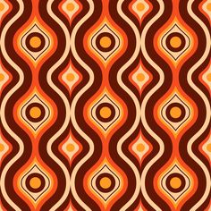 an orange and brown abstract pattern with wavy lines, circles and dots on the surface