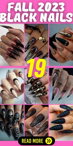 2023 Black Nail Trends, Fail Nails 2023, Black Fall Nails 2023, Fall Nail Designs Black, Edgy Fall Nails Acrylic, Nails 2023 Fall Trends, New Nail Trends 2023, Black Nail Gel Designs, Black Nails 2023 Trends