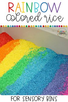 rainbow colored rice in a bowl with text overlay reading rainbow colored rice for sensory bins