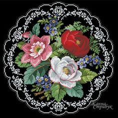 a cross stitch pattern with flowers and leaves on the side, in a circular frame