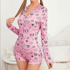 Brand New Pink Panda Cami Pajama Romper Soft And Comfy! Material: 92% Polyester, 8% Spandex Slight Stretch Size: See Last Photo For Reference. Please Check The Measurements Before Placing Order Since Sizing May Vary Between Brands Color May Look Different In Photos Due To Lighting Please Allow Some Errors In Measurement As It Was Taken On A Few Samples Only The Model Is 5’10” & Wearing Size S Bust: 31.5“, Waist: 23.6“, Hips: 34.6” #Pajamas #Sleepwear #Comfortable #Nightgown #Pj #Romper 030621 Fitted Pink Printed Sleepwear, Pink Long Sleeve Jumpsuit For Sleep, Fitted Jumpsuits And Rompers For Pajama Party, Casual Jumpsuits And Rompers For Pajama Party, Fitted Casual Jumpsuits And Rompers For Pajama Party, Pj Romper, Cute Onesies, Pink Panda, Pajama Romper