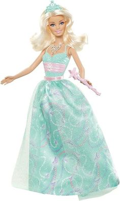 a barbie doll with blonde hair wearing a blue dress and tiara holding a star