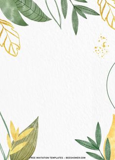 an illustration of leaves and flowers on a white background with gold foil lettering in the center