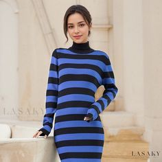 Lasaky - Color Block Black and Blue Striped Bodycon Sweater Dress with High Neckline, Knee-Length, Thick Knit, and Long Sleeves Bodycon Sweater, Bodycon Sweater Dress, Pleated Maxi Dress, Pleated Maxi, Fairy Dress, Knee Length Skirt, High Neckline, High Collar, Color Block