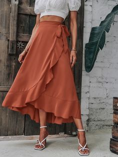 Rust Brown Elegant   Polyester Plain Wrap Embellished Non-Stretch Summer Women Bottoms Knot Skirt, Business Formal Dress, Coachella Dress, Wrap Maxi Skirt, Formal Dresses Gowns, Wrap Around Skirt, Langer Rock, Spring Skirts, Hem Skirt