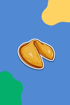 two pieces of bread sitting on top of a blue and yellow background with clouds in the sky