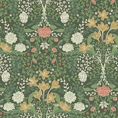 a green and red wallpaper with flowers on it