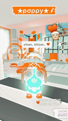 an animated image of a person in a room with orange and white decorations on the walls