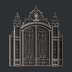 an ornate iron gate with crosses on the top and bottom, set against a black background