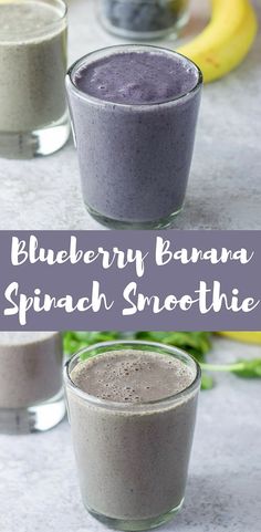 blueberry banana spinach smoothie in two glasses