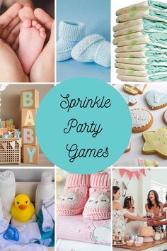 a collage of pictures with baby items and words that say sprinkle party games