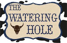 the watering hole logo with an animal's head in blue and white lettering