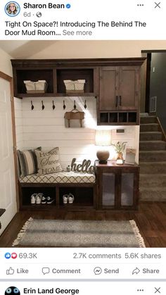 a room with some shelves on the wall