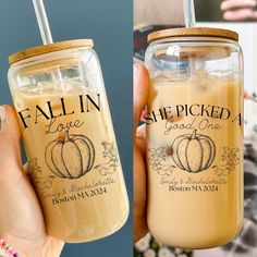 two pictures of a person holding a mason jar with pumpkins on it and the words, fall in love good one