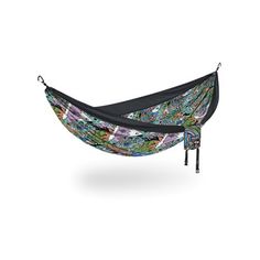 a colorful hammock hanging from the side with straps on it's sides