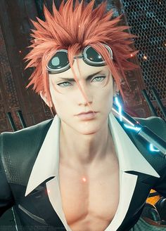 an anime character with red hair and goggles