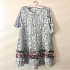 Lovely Ash Gray Swing Dress With A Layered Bottom, Colored Detailing And A Spring Motif. Style Is Really Similar To That Of Free People, Anthropologie, Doen And Other Bohemian Brands. New Without Tags! Bought At A Local Boutique But Sadly Never Worn Because It Wasn’t The Right Size. This Fits Like A Medium/Large And Looks Oversized On Xs/S. Silver Dresses For Spring Festivities, Gray Short Sleeve Mini Dress For Party, Gray Short Sleeve Party Dress, Silver Short Sleeve Dress For Spring, Fitted Gray Dress For Festive Occasions, White Linen Pants, Ash Gray, Chevron Dress, Tie Dye Maxi Dresses