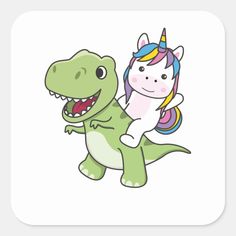 a cartoon dinosaur riding on the back of a small unicorn in a white square sticker