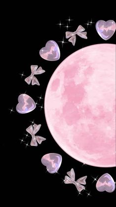 the moon is surrounded by hearts and butterflies