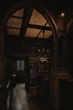 an arched doorway leading to a library with bookshelves