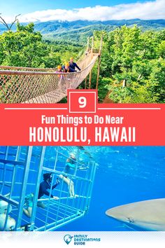 people on a rope bridge over water with the words fun things to do near honolulu, hawaii