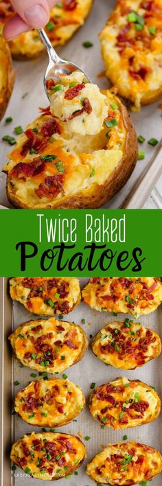 a pan filled with baked potatoes on top of a baking sheet and topped with bacon