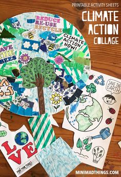 a paper plate with stickers on it and the words climate action collage next to it