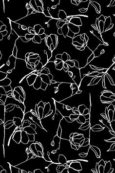 a black and white floral pattern with leaves, flowers, and buds on a dark background