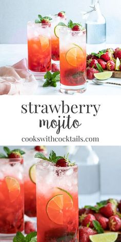 strawberry mojito cocktail with limes and strawberries on the side, served in tall glasses