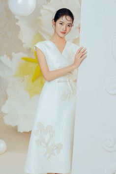 Irises A-line V-Neck Taffeta Midi Dress | MEAN BLVD White A-line V-neck Wedding Dress, Silk V-neck Midi Dress For Wedding, Elegant V-neck Taffeta Dresses, Feminine Taffeta Wedding Dress, Spring Taffeta Knee-length Dress, Spring Knee-length Taffeta Dress, White Taffeta Dress For Spring, Spring White Taffeta Dress, Spring V-neck Dress For Mother Of The Bride