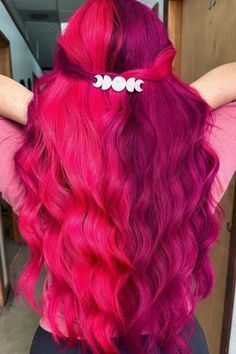 Magenta And Bright Pink Split Dye Pink Split Dye, Hair Colors And Styles, Magenta Hair Colors, Bright Pink Hair, Magenta Hair