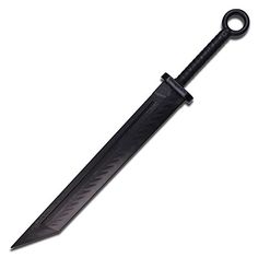 a large knife with a black handle on a white background