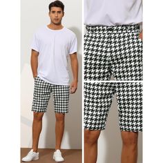 Unique and stylish houndstooth shorts, wear it to show your charm compared to regular solid color shorts. Match these plaid shorts with shirts, t-shirts, and polo shirts to build a casual smart look. Plaid shorts are suitable for leisure, parties, everyday wear, work, office, business events, outdoor sports, and anywhere else. The model wears in size 32 (Height:6'2", Chest: 37 inches, Waist: 31 7/8 inches, Hip: 40 1/8 inches, Weight: 177 lbs). Summer Stripes, Business Events, Office Business, Plaid Shorts, Color Shorts, Work Office, Bottom Clothes, Shorts Black, Chino Shorts