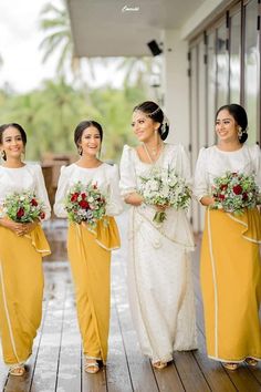 the bridesmaids are all dressed in yellow