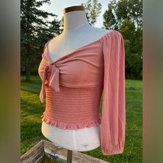 NWOT Salmon Pink Ribbed Scrunch Crop Peasant Top Long Sleeve  | eBay Pink Ribbed, Peasant Top, Salmon Pink, Peasant Tops, Brands Outlet, Womens Clothing Tops, Women Accessories, Things To Sell, Clothes For Women