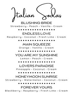 the menu for italian sodas is shown in black and white