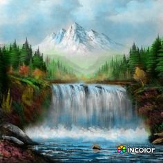 a painting of a waterfall with mountains in the background