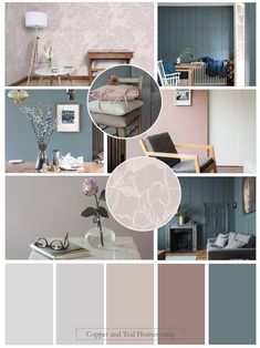 a collage of different shades of grey and pink in the living room, dining room, bedroom