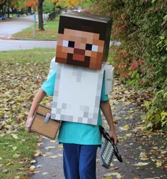 a person in a minecraft costume walking down a path