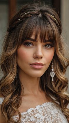 Style Your Look with Twisted Wedding Hairstyles Bangs wedding hair Hair Styles For Bridesmaids Half Up Half Down, Face Framing Wedding Hairstyles, Bridesmaid Hair With Bangs, Wedding Hairstyles Bangs, Bangs Wedding Hair, Nikkah Hair, Medium Length Bangs, Wedding Hairstyles With Bangs, Medium Length With Bangs