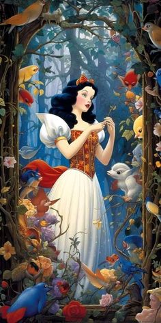 snow white in the woods surrounded by flowers and other animals, with her hands on her chest